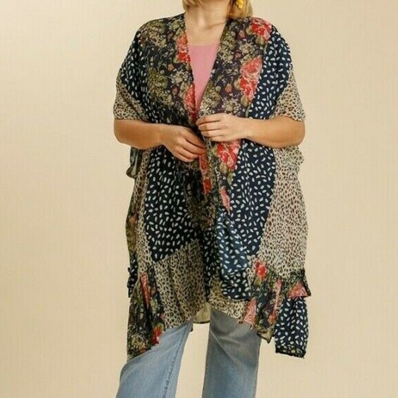Umgee Kimono Floral Animal Print Boho Peasant - Picture 3 of 9